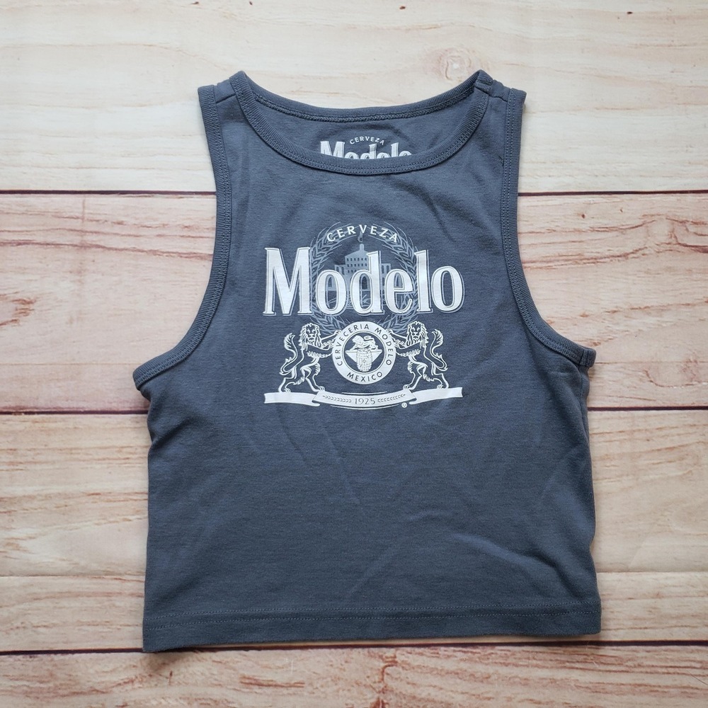 Modelo Tank Womens Small Gray Cropped Crew Neck Slim Tagless Shirt Beer Logo
